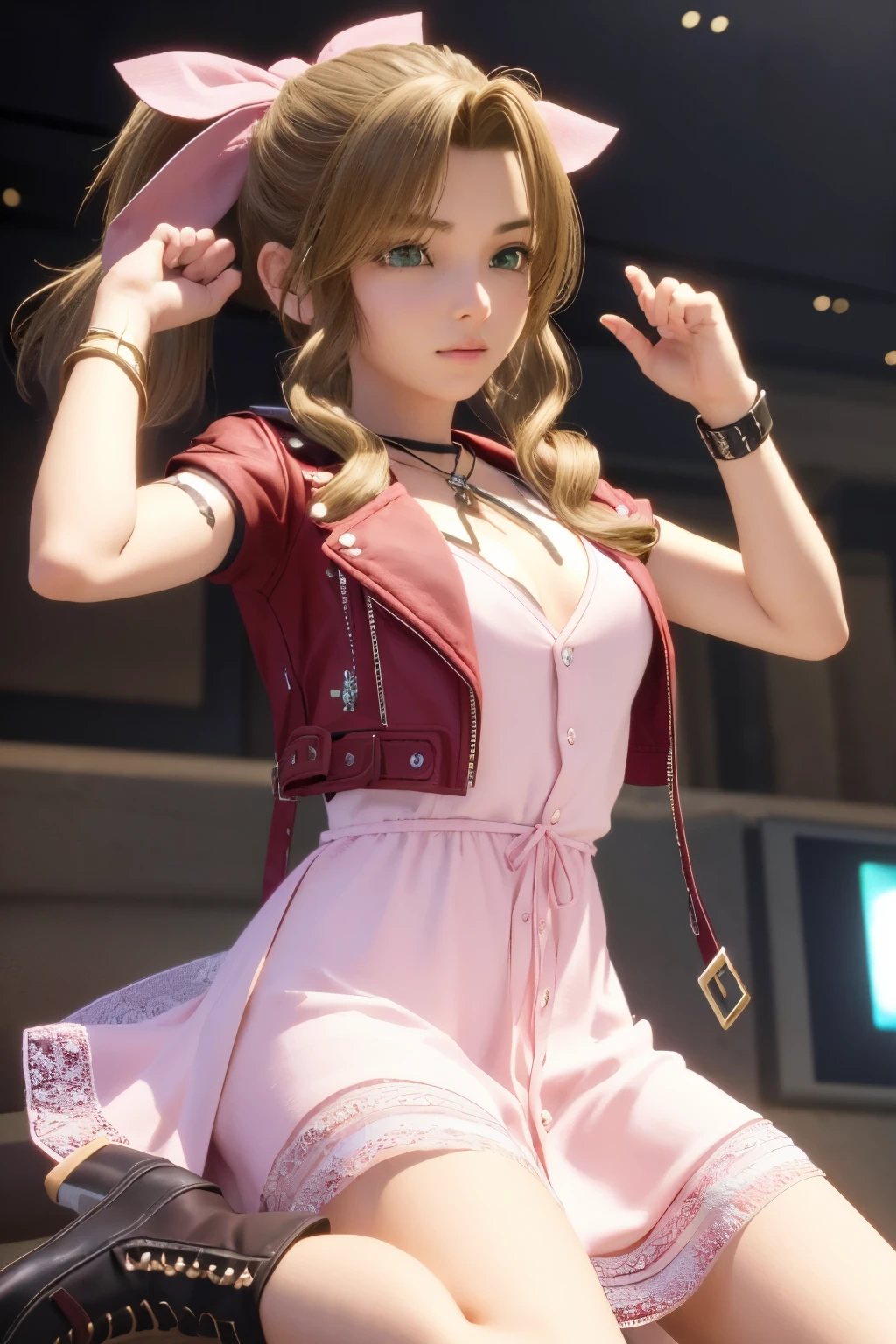 1 chica, solo,pose dinámica, tiro de vaquero,, (((3D, videojuego))),obra maestra, mejor calidad, detalles intrincados, 8k hd, cara perfecta, ojos perfectos, aerith Gainsborough,Gargantilla, chaqueta corta, lazo para el pelo, pulsera, vestido rosa, botas cafés 