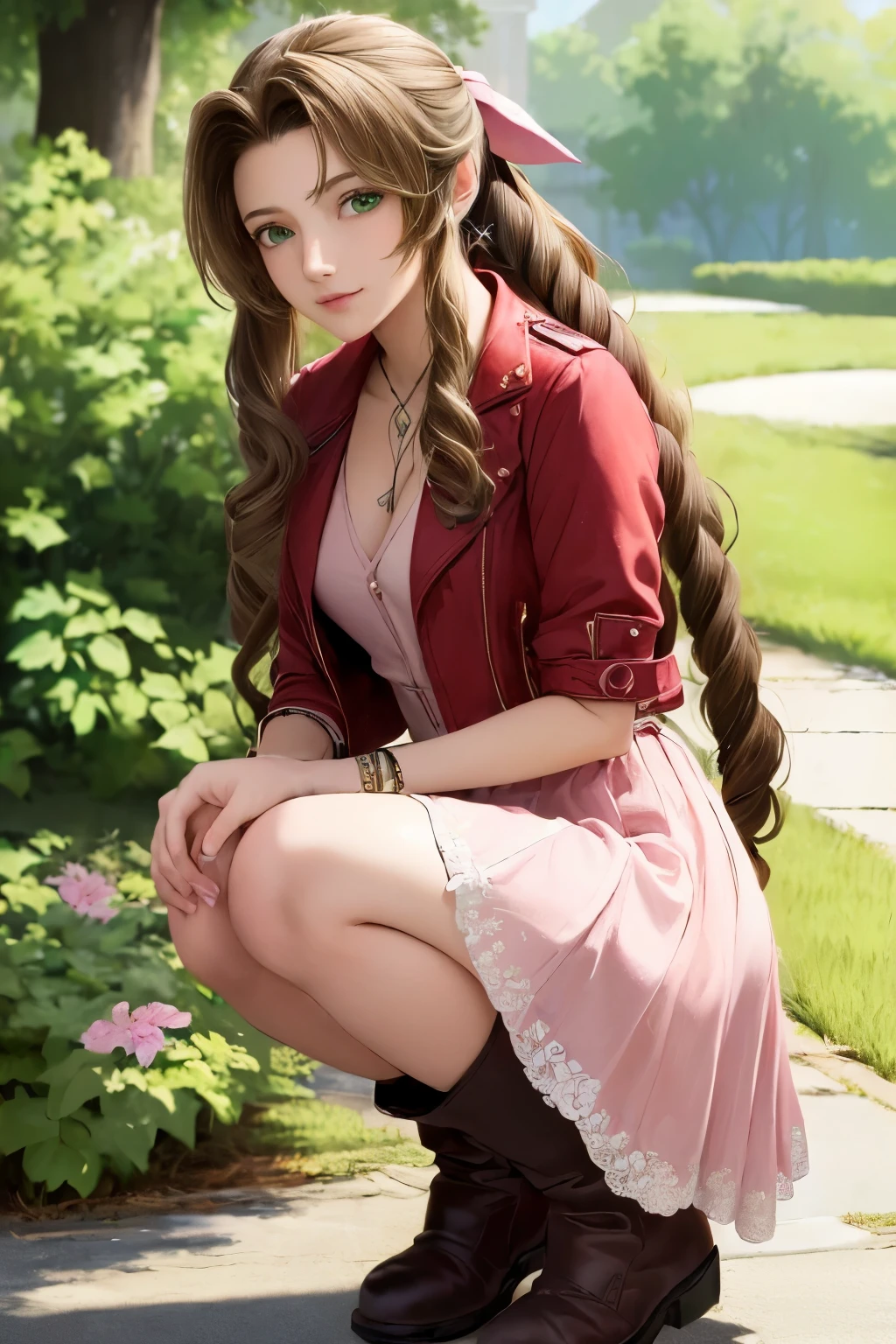 (masterpiece:2.0), solo, ((((aerith gainsborough, red cropped jacket, hair bow, bracelet, pink dress, brown boots)))), , from_side, cowboy shot, squatting with knees close together,flower , (finely detailed:1.7), (beautiful and clear background), ((outdoors, A beautiful garden bursting with flowers of various colors)) , (shiny_skin:1.3), nice hands, perfect hands, smile, , extremely and best quality, extremely and ultra detailed, beautiful detailed eyes, Very detailed CG unified 8k wallpaper, extremely detailed CG unity 8k wallpaper, extremely detailed CG unity 8k, extremely delicate and beautiful girl, ultra-detailed, (perfect anatomy), (high detail), (high quality), (high resolution), (beautiful detailed face), (ultra detaild background), beautiful and clear background,aerith gainsborough