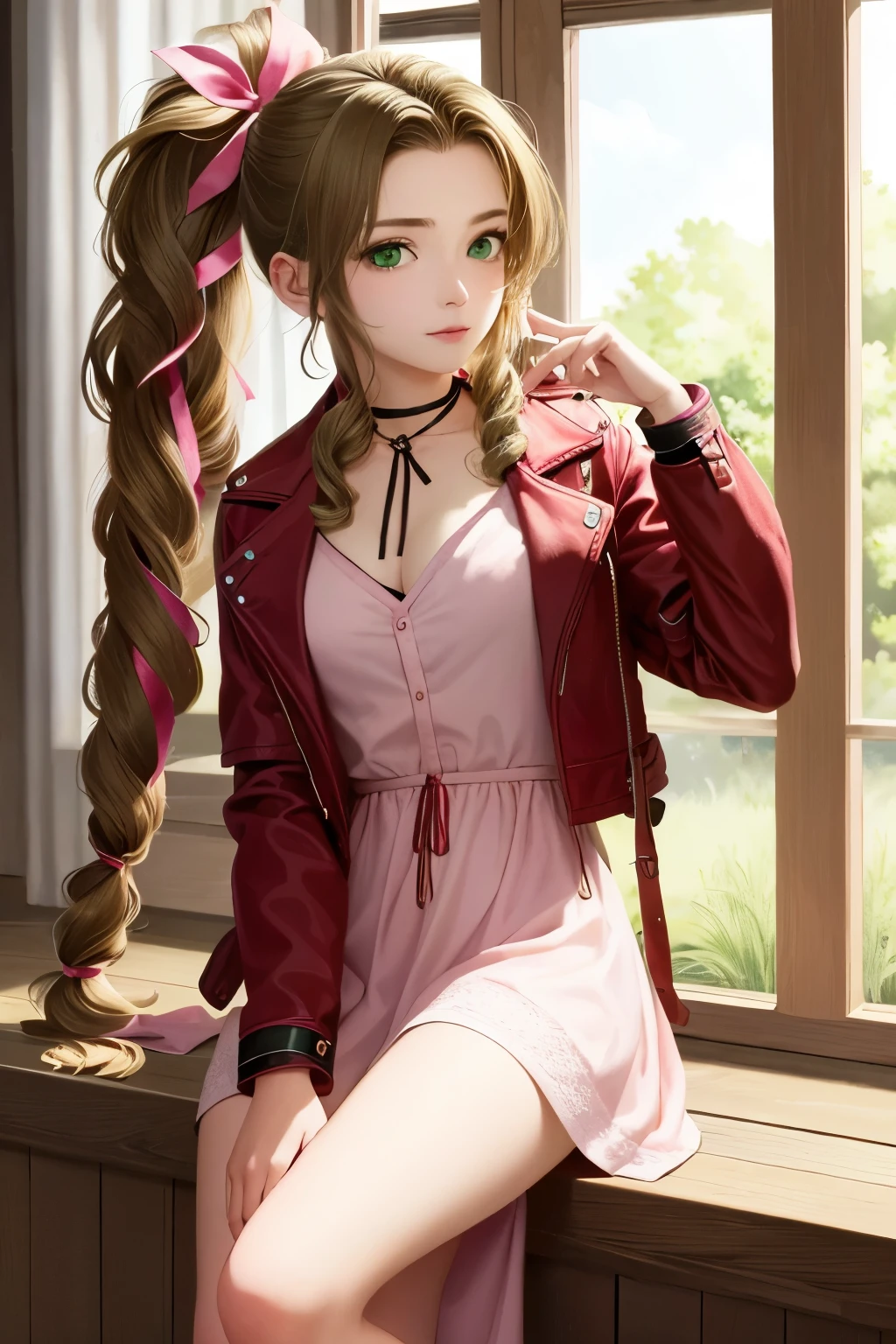 Aerith Gainsborough, Trança, Trançaed ponytail, (olhos verdes:1.5), hair fita, cabelo longo, franja separada, cabelo castanho, bloqueios laterais, (seios médios),
QUEBRAR bangle, pulseira, gargantilha, cropped jaqueta, vestir, jaqueta, joia, long vestir, pink vestir, pink fita, puffy manga curta, mangas bufantes, red jaqueta, fita, manga curta,
QUEBRAR looking at viewer,tiro de vaqueiro,
QUEBRAR indoors,
QUEBRAR (obra de arte:1.2), melhor qualidade, Alta resolução, papel de parede da unidade 8k, (ilustração:0.8), (lindos olhos detalhados:1.6), rosto extremamente detalhado, iluminação perfeita, CG extremamente detalhado, (mãos perfeitas, anatomia perfeita),sentado,sorriso