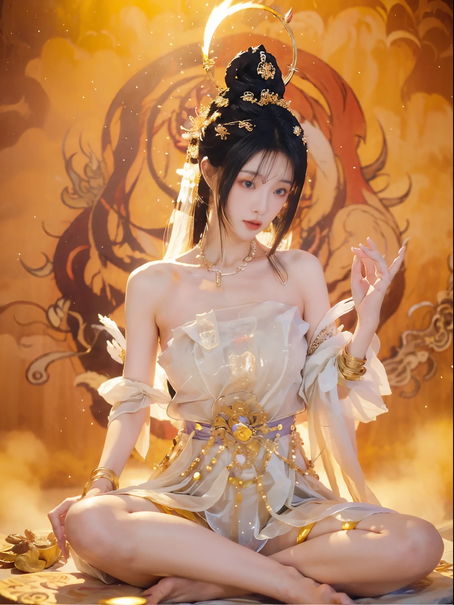 Naked female bodhisattva , super漂亮, 8k, super, meditation, A transparent pale white cloth covered a small part of her body, Sit cross-legged on a lotus，（Do double squats）， The magic circle of golden light rotates behind her, A magic aura surrounded her part, magic, fantasy, Male and female gender background, (4 elements, fire, water, surround it),（Normal hands and feet）