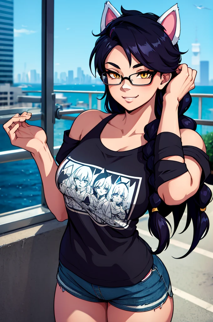 Erisa, 1girl, solo, long hair, looking at viewer, black hair, bandaid on face, yellow eyes, animal ears, smile, bandaid on nose, braid, cat ears, bandaid, bangs, breasts, fake animal ears, simple background, fang, bare shoulders, scar, teeth, shirt, tight shirt, bare shoulders, black shirt, short sleeves, closed mouth, t-shirt, hair over one eye, night city view, portrait, hair over shoulder, shorts, skin tight shirt, tight shorts, butt, wet shirt, glasses, seductive, realistic, best quality, masterpiece, ultra detail, ultra high res, extreme detail, 8k
