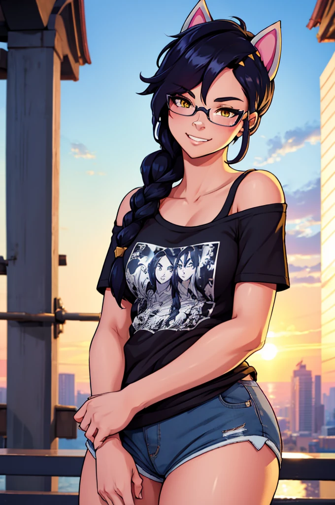 Erisa, 1girl, solo, long hair, looking at viewer, black hair, bandaid on face, yellow eyes, animal ears, smile, bandaid on nose, braid, cat ears, bandaid, bangs, breasts, fake animal ears, simple background, fang, bare shoulders, scar, teeth, shirt, tight shirt, bare shoulders, black shirt, short sleeves, closed mouth, t-shirt, hair over one eye, night city view, portrait, hair over shoulder, shorts, skin tight shirt, tight shorts, butt, wet shirt, glasses, seductive, realistic, best quality, masterpiece, ultra detail, ultra high res, extreme detail, 8k