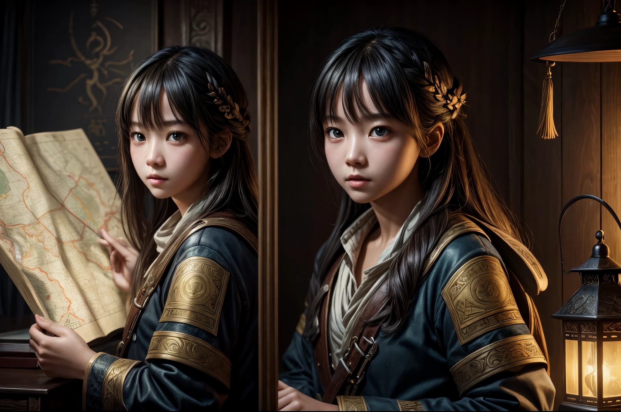 A girl exploring based on a treasure map,插图,highres,ultra-detailed,realistic,portrait,colorful lighting