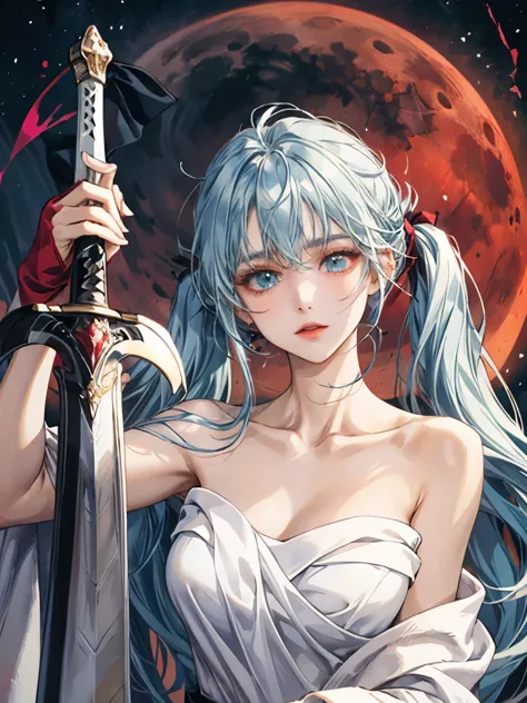 light blue hair, very long hair with pigtails , The Perfect Face, Holding a large sword in hand, Clear skies, heart eyes, pretty...