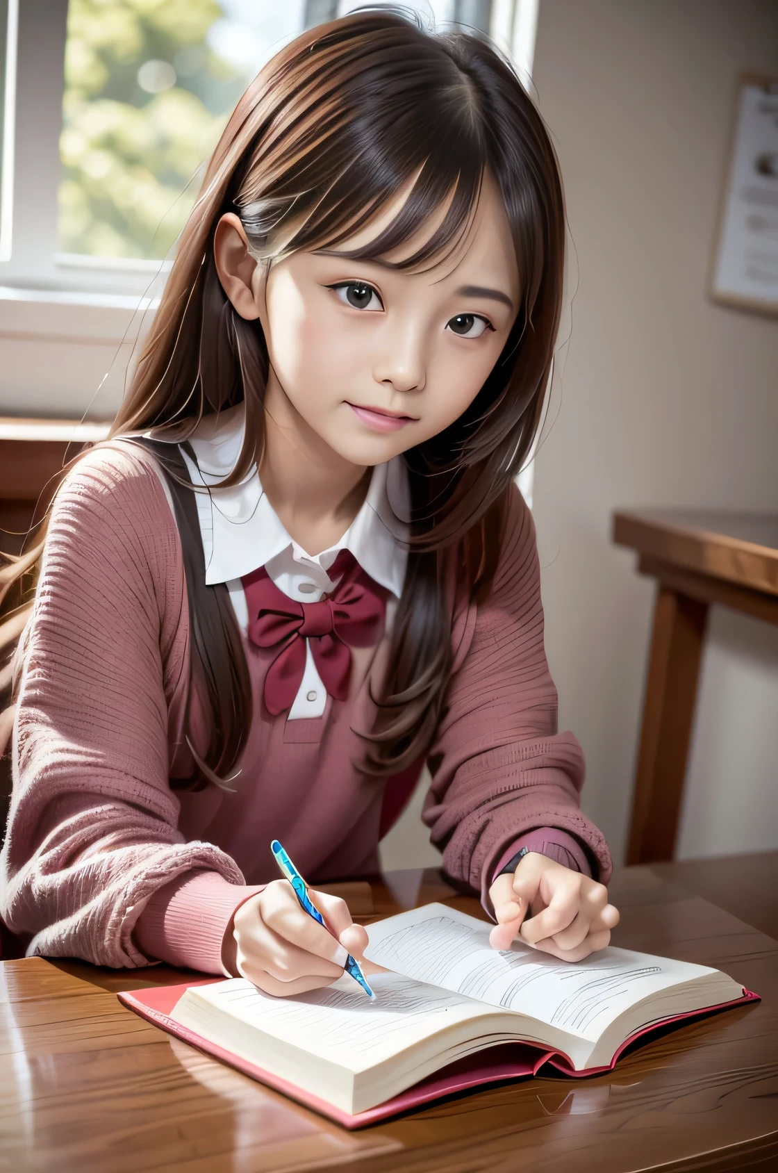 girl in uniform, detailed eyes and face, long eyelashes, cute smile, pink blush, Blonde or brown hair, innocent look, colorful backpack, have a notebook and pencil, Surrounded by books and stationery, sitting at a desk in a bright classroom. Moderate:figure, High resolution, super detailed, realistic style, Bright colors, soft lighting.