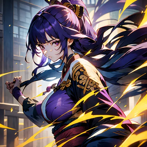 sengoku musou,woman,strong beauty,cool,dark purple hair,hanging eyes,long hair with layer cut