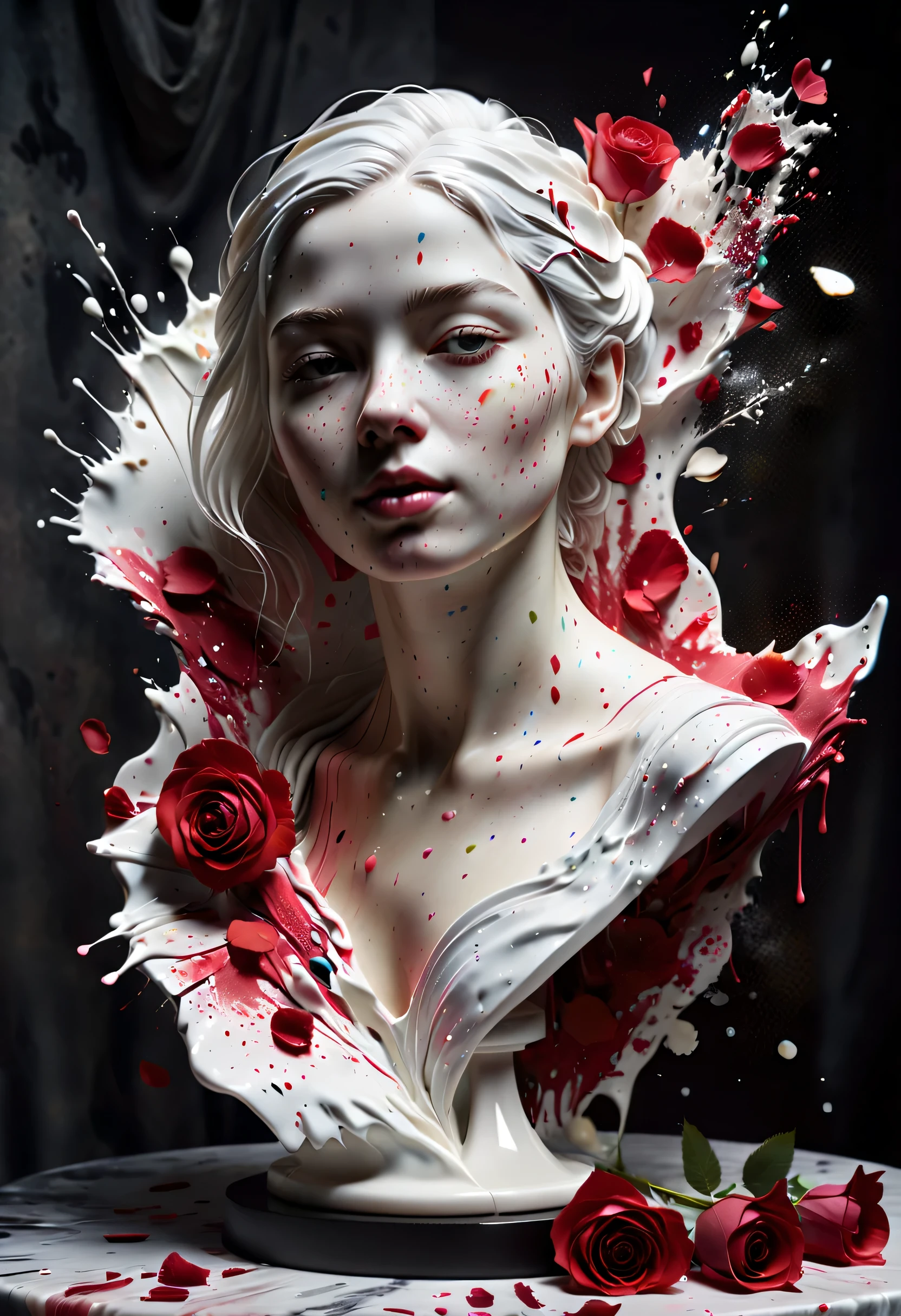 (best picture quality，4K,8k，HD，masterpiece:1.2)，Super detailed，(lifelike，lifelike，lifelike:1.37)。paint splattered （3D portrait sculpture，Pure white sculpture，marble sculpture），（Still life table setting，Dark background cloth，Rose petals scattered on the countertop）
