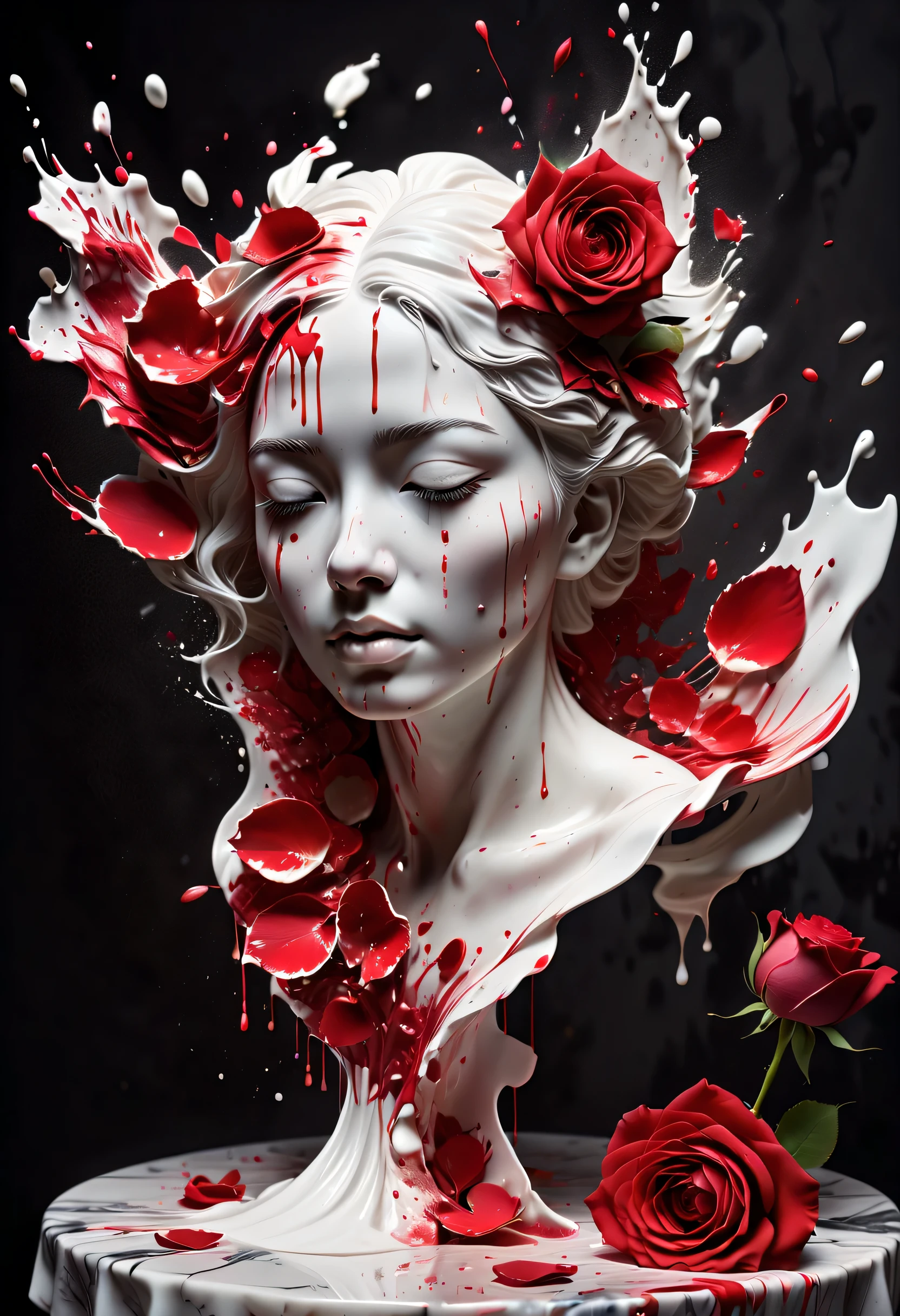 (best picture quality，4K,8k，HD，masterpiece:1.2)，Super detailed，(lifelike，lifelike，lifelike:1.37)。splash ink，paint splattered （3D portrait sculpture，Pure white sculpture，marble sculpture，shattered，red tears，close eyes，Looked up），（Still life table setting，Dark background cloth，Rose petals scattered on the countertop），confusion