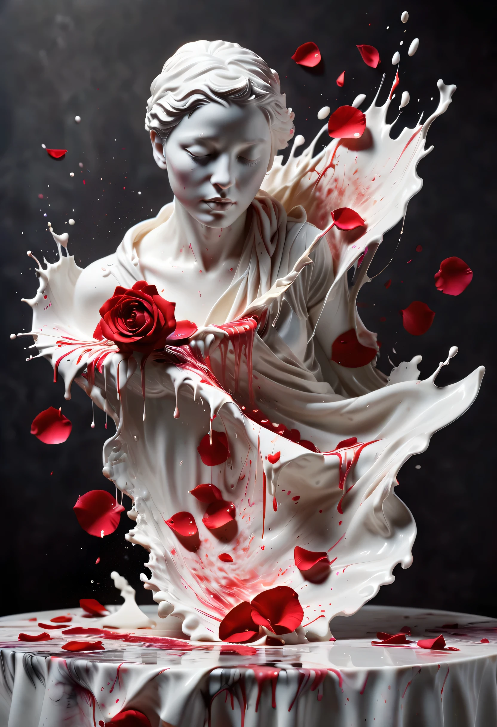 (best picture quality，4K,8k，HD，masterpiece:1.2)，Super detailed，(lifelike，lifelike，lifelike:1.37)。splash ink，paint splattered （3D portrait sculpture，Pure white sculpture，marble sculpture，shattered，red tears，close eyes，Looked up，Put a seal on your mouth），（Still life table setting，Dark background cloth，Rose petals scattered on the countertop），confusion