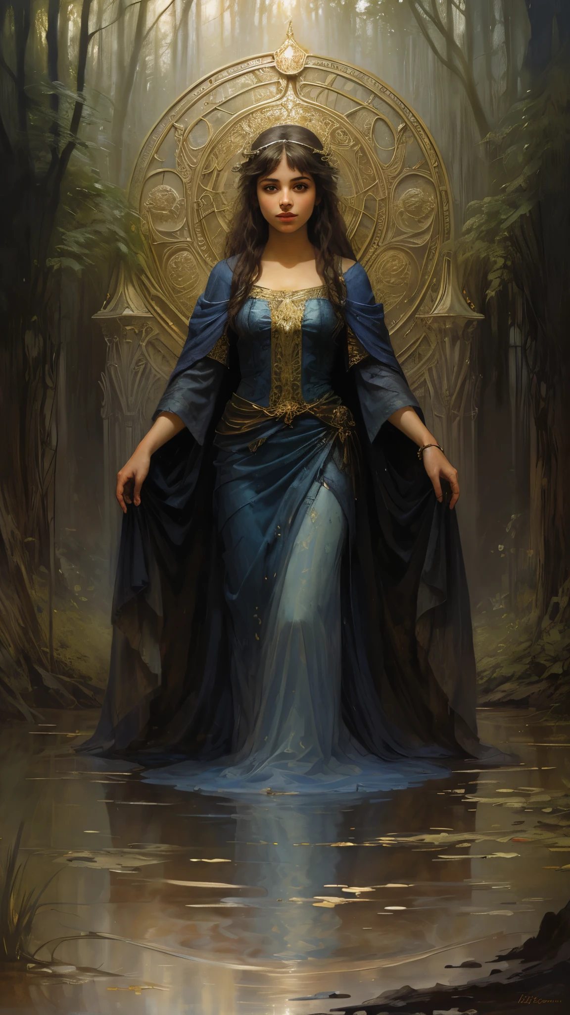 An oil painting of a woman in a blue dress lying beneath the surface of a lake, like Luis Royo art, inspired by gaston bussiere, inspired by John Atkinson Grimshaw, beeple and alphonse mucha, guillem h. pongiluppi, a stunning young ethereal figure, inspired by Gaston Bussière, pascal blanche, the high priestess, a still of an ethereal