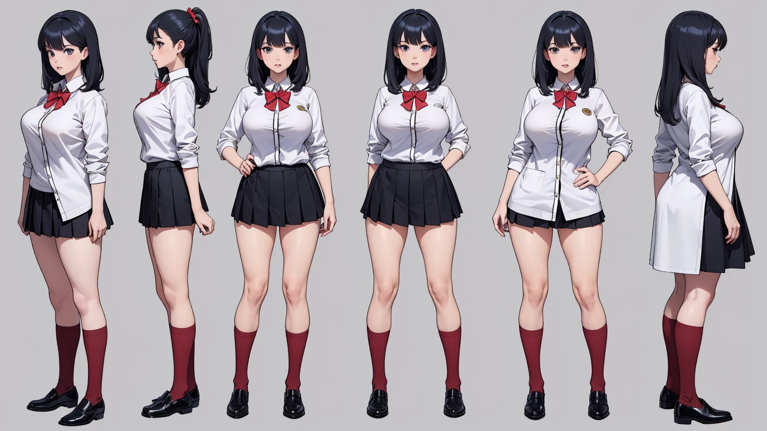 girl, solo, full body, from head to toe, standing, (Huge_Breasts:1.3), short skirt,

Character Design Sheet, character reference sheet, character turn around,

rikka takarada, black hair, blue eyes, long hair, orange scrunchie, scrunchie, wrist scrunchie,

black footwear, black skirt, bow, bowtie, buttons, cardigan, collared shirt, long sleeves, microskirt, pleated skirt, red bow, red bowtie, red socks, , shirt, shoes, skirt, socks, thighs, white cardigan, white shirt,