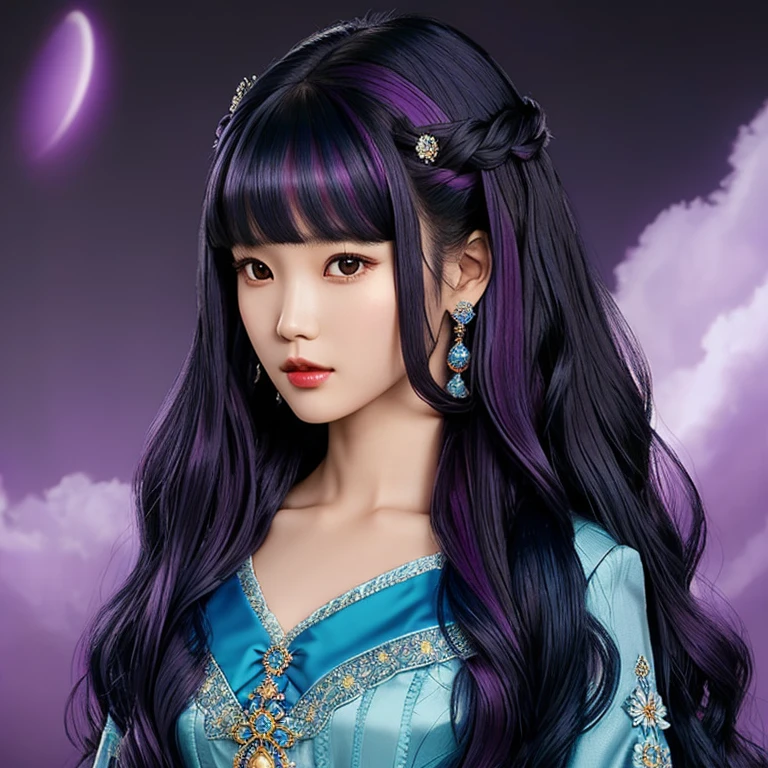 a closeup of a deity woman with wavy hair and blue princess dress, black hime cut hairstyle of Lee ji-eun, with long hair and purple highlights, hime cut, long black hair and bangs, shikamimi, official artwork , with full bangs