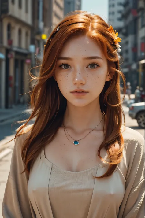 Realistic photography, Close-up of beautiful woman with freckles and , head-shot , 25 years old, focused on the eyes, 50mm f1.4, ginger hair in the wind, Human Development Report Masterpiece,dramatic lighting, epic, Internet clothing, flower on hair, Xiaox...