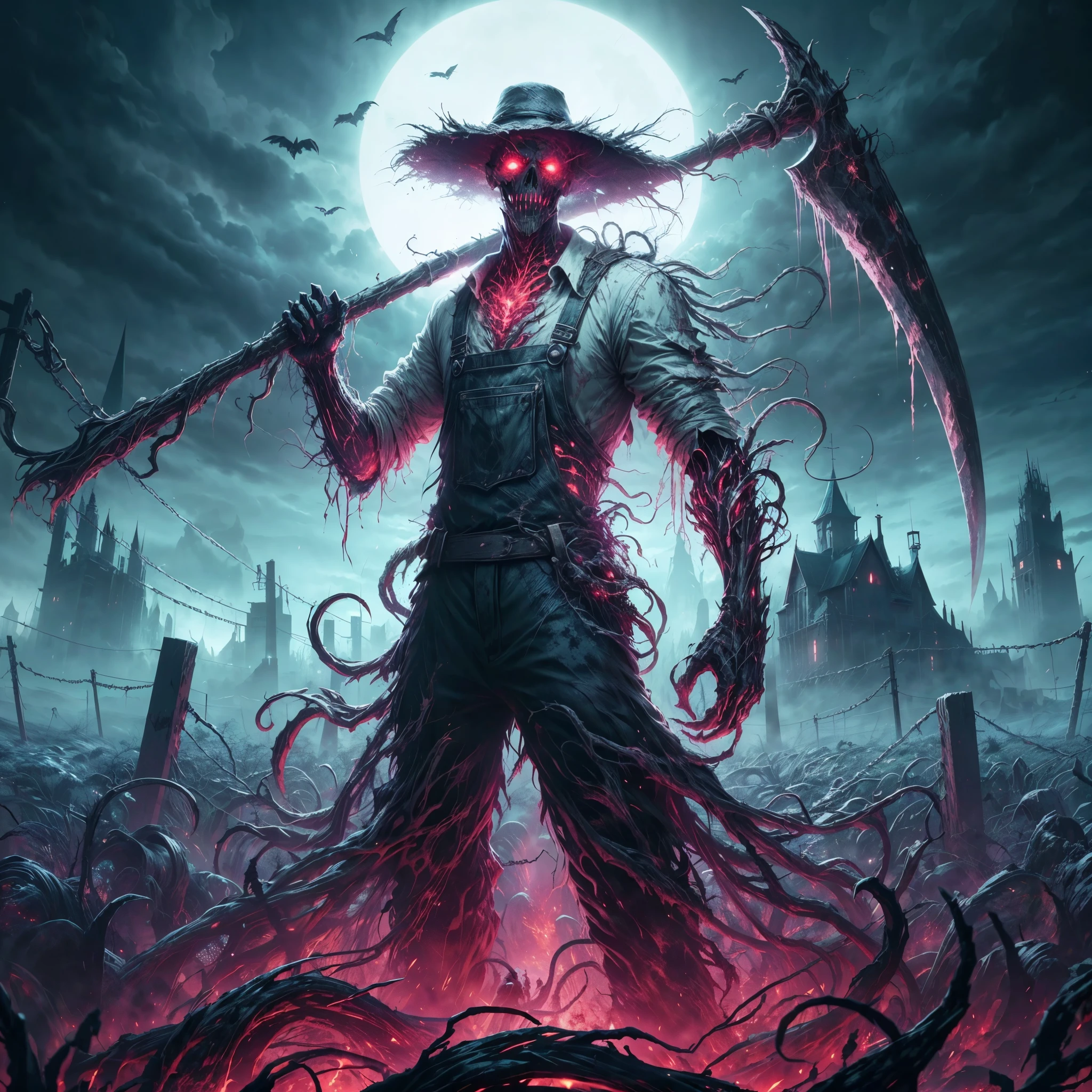 (best quality,4k,8k,highres,masterpiece:1.2),ultra-detailed,realistic:1.37,dark soul boss style,Lovecraftian horror,haunted field background,sinister smile,scythe weapon,glowing red eyes,fantasy corrupted farmer outfit,energy cracking around body,battle aura,bloodstained,dynamic lighting,ominous atmosphere,grim and desolate,twisted trees,creepy fog,unsettling shadows,weathered scarecrows,distorted landscapes,haunting whispers,ominous sky,crumbling ruins,ominous storm brewing,lingering sense of darkness,ominous runes,shattered gravestones,mystery and suspense,brutal and intense,dread and fear,gothic elements,oppressive silence,menacing presence,horror-filled ambiance,dark and tormented souls,sinister energy,evoking a sense of doom,nightmare-infused reality