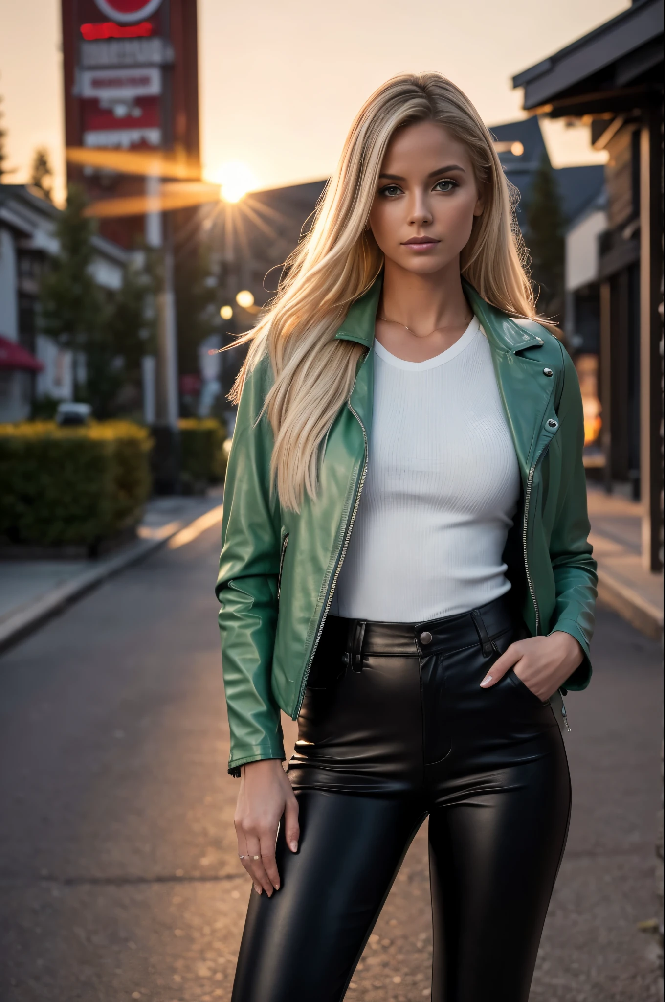 full length, white, Blonde woman standing in Whistler Square ( - Canada), Wearing a green leather jacket outside the thin coat, Clear low-cut vest. She wears matte black leather pants. The woman has a beautiful one, tone,  Body. The image is very real, Very detailed. very high resolution, 8K rendering, at dusk，sunset，horizon red. The city lights are on. The lighting is perfect, The scene is sharp, Extreme realism, image.