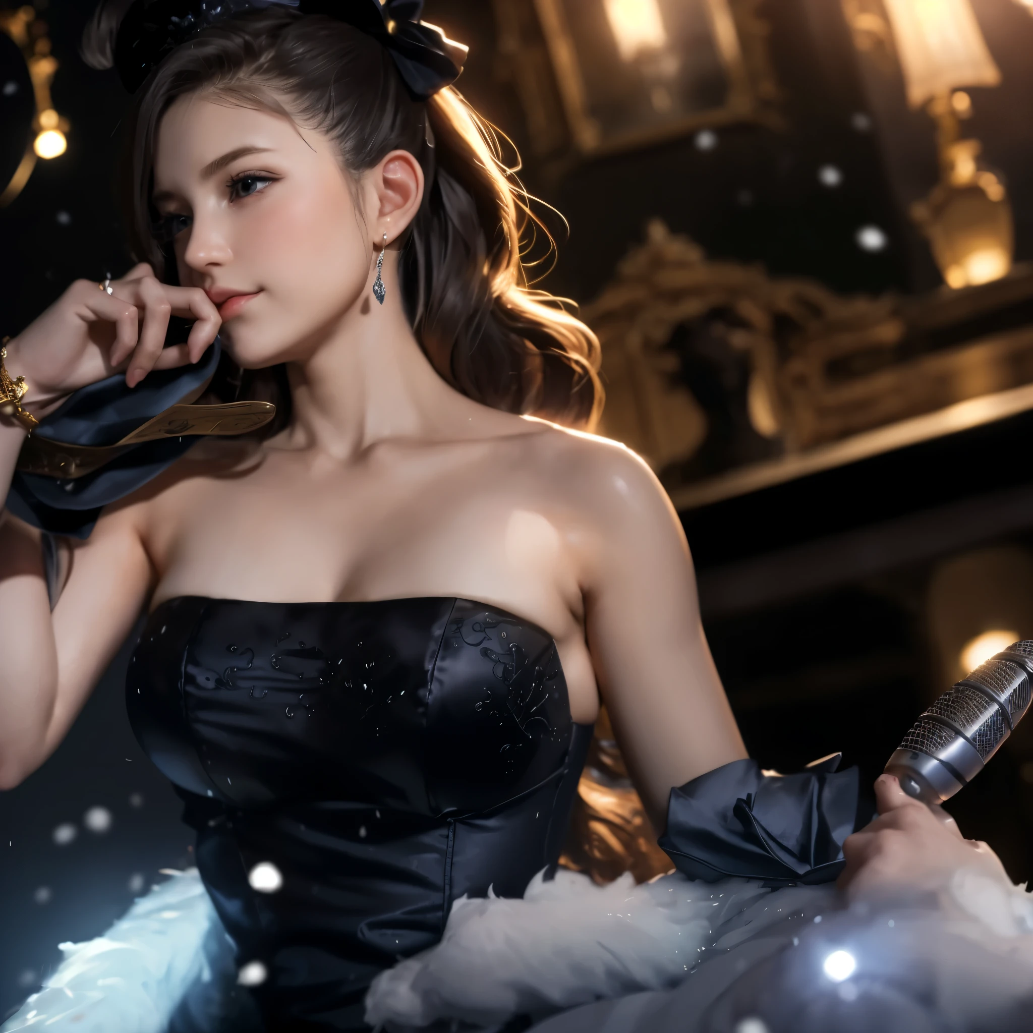 (table top), sexy、Natural light, realistic diffused glow, Depth of written boundary, professional lighting、Big eyes、eyes are blue、blonde、Russian、Live、A little bite、in the snow、microphone on right hand、Black dress、castle skirt、