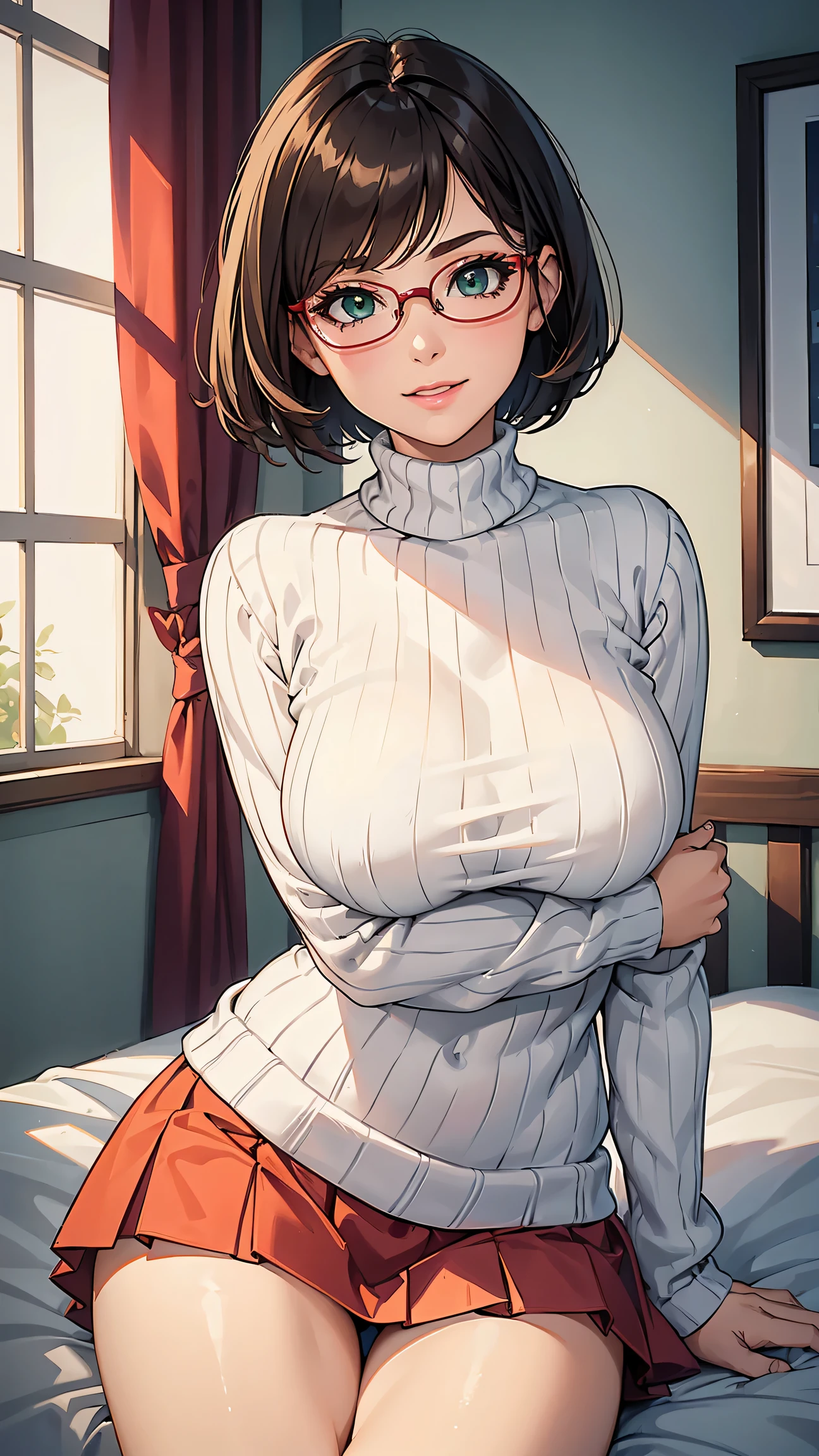 HD, 8k quality, masterpiece, Velma, dream girl huge , beautiful face, kissing lips, short bob hairstyle, long bangs, perfect makeup, realistic face, detailed eyes, green eyes, brunette hair, eyelashes, smile grin, bedroom, lying on bed, showing cameltoe, eyes at viewer, orange knitted turtleneck sweater, clear lens glasses, red school girl skirt, view from below,