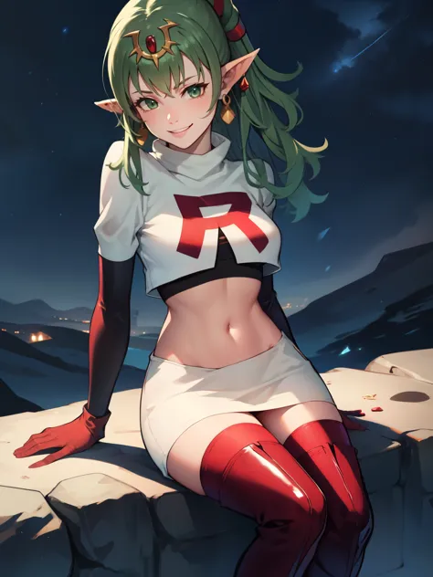 tiki fe, pointy ears ,earrings, glossy lips ,team rocket uniform, red letter r, white skirt,white crop top,black thigh-high boot...