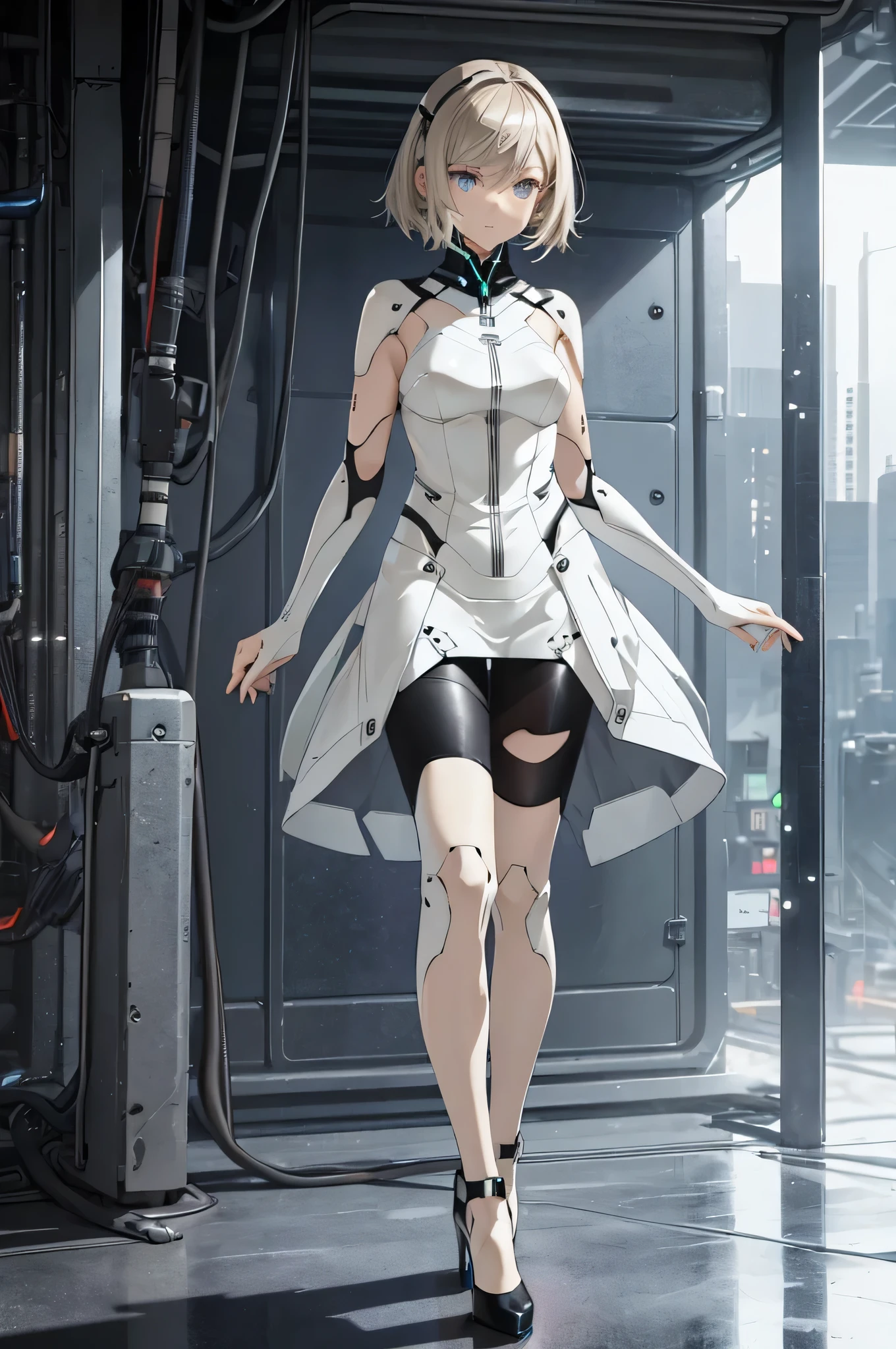 an anime android character wearing a futuristic designed silver short pencil skirt dress with thigh-high white leggings, and white shoes with heels. The face is visible and has steel grey eyes and short brown hair. The body has some seam lines to indicate the android nature. The dress has some futuristic materials such as hexagonal patterned cloth, transparent vinyl plastic and Electro Luminescent Wiring.