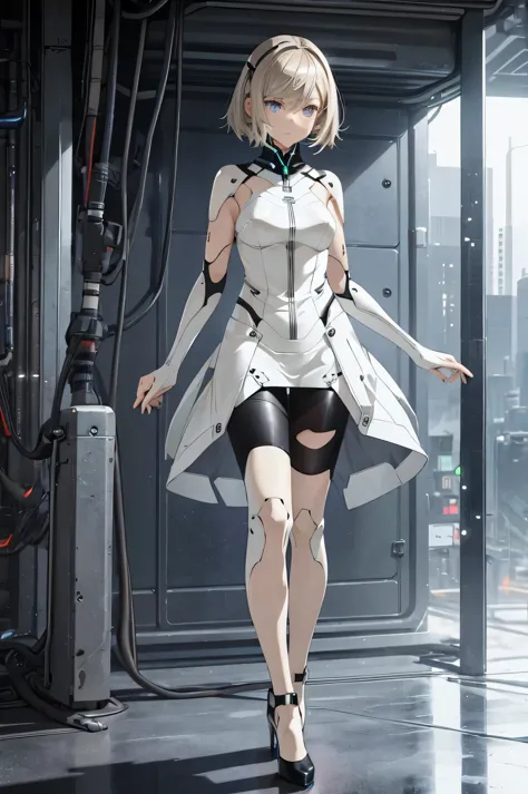 an anime android character wearing a futuristic designed silver short pencil skirt dress with thigh-high white leggings, and whi...