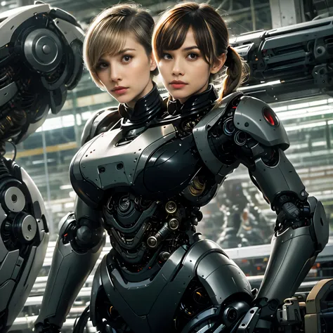 best resolution, 2heads, cyborg woman with two heads, different ethnicities, blonde ponytails, pixie cut,  red robot body, mecha...