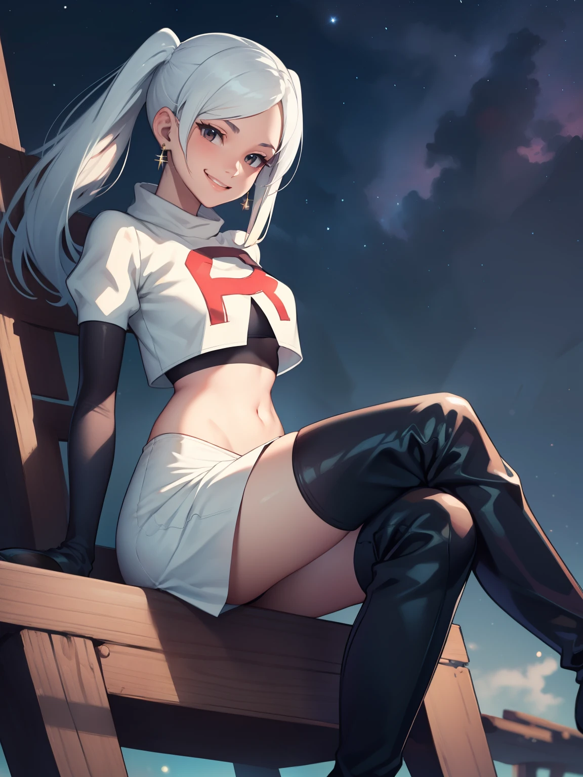 robin fe ,earrings, glossy lips ,team rocket uniform, red letter R, white skirt,white crop top,black thigh-high boots, black elbow gloves, evil smile,  sitting down ,legs crossed, night sky background