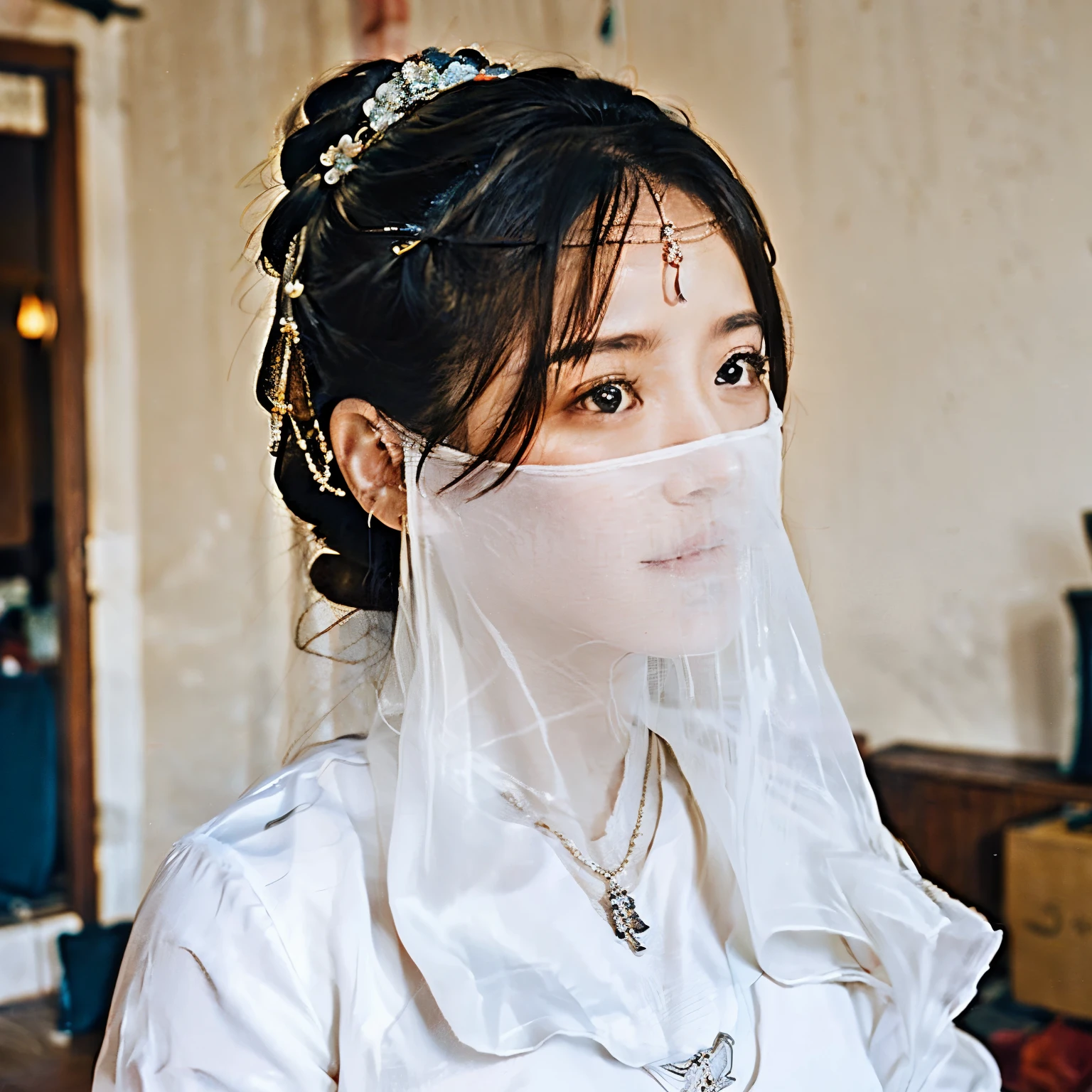 Head close-up（（（Eyes are very delicate）））（（（hair accessories）））（（（veil））），necklace，Wearing a white transparent sexy silk dress， ((glowing skin))The room is filled with Chinese New Year decorations（（（masterpiece）））， （（best quality））， （（intricate details））， （（Surrealism））（8k）RAW photos