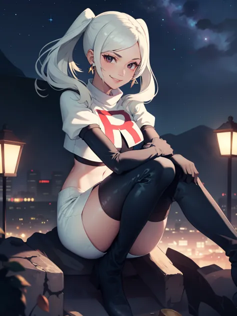 robin fe ,earrings, glossy lips ,team rocket uniform, red letter R, white skirt,white crop top,black thigh-high boots, black elb...