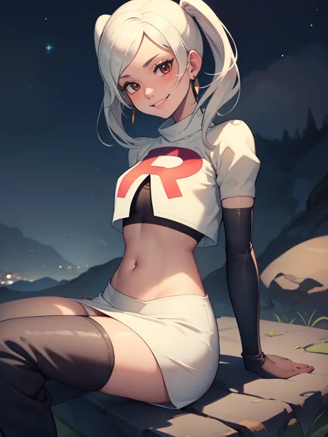 robin fe ,earrings, glossy lips ,team rocket uniform, red letter R, white skirt,white crop top,black thigh-high boots, black elb...