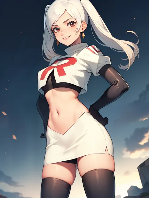 robin fe ,earrings, glossy lips ,team rocket uniform, red letter R, white skirt,white crop top,black thigh-high boots, black elb...