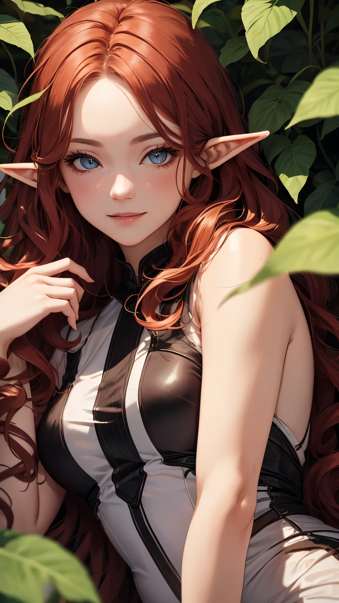 (masterpiece), best quality, expressive eyes, perfect face, Mature elf lying among leaves, red wavy hair, Wearing transparent silk clothes, plump figure, Exquisite facial features, Realistic picture quality, A Nordic woman about 18 years old, Surrealism，Smile