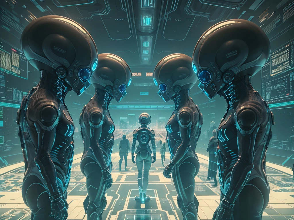 (Silhouettes of multiple aliens with big heads), extraterrestrial, (highest quality, 4K, High resolution, masterpiece:1.2), super detailed, HDR, Professional, sci-fi style, (World map projected on a cyber screen:1.4)、hologram、Inside the spaceship