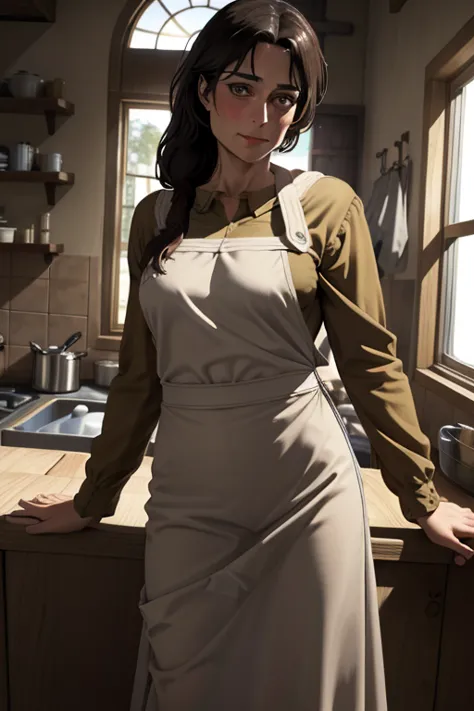 masterpiece, best quality, absurdres, perfect anatomy, 1girl, solo, Carla Yeager, long hair, hair over shoulder, apron, long ski...