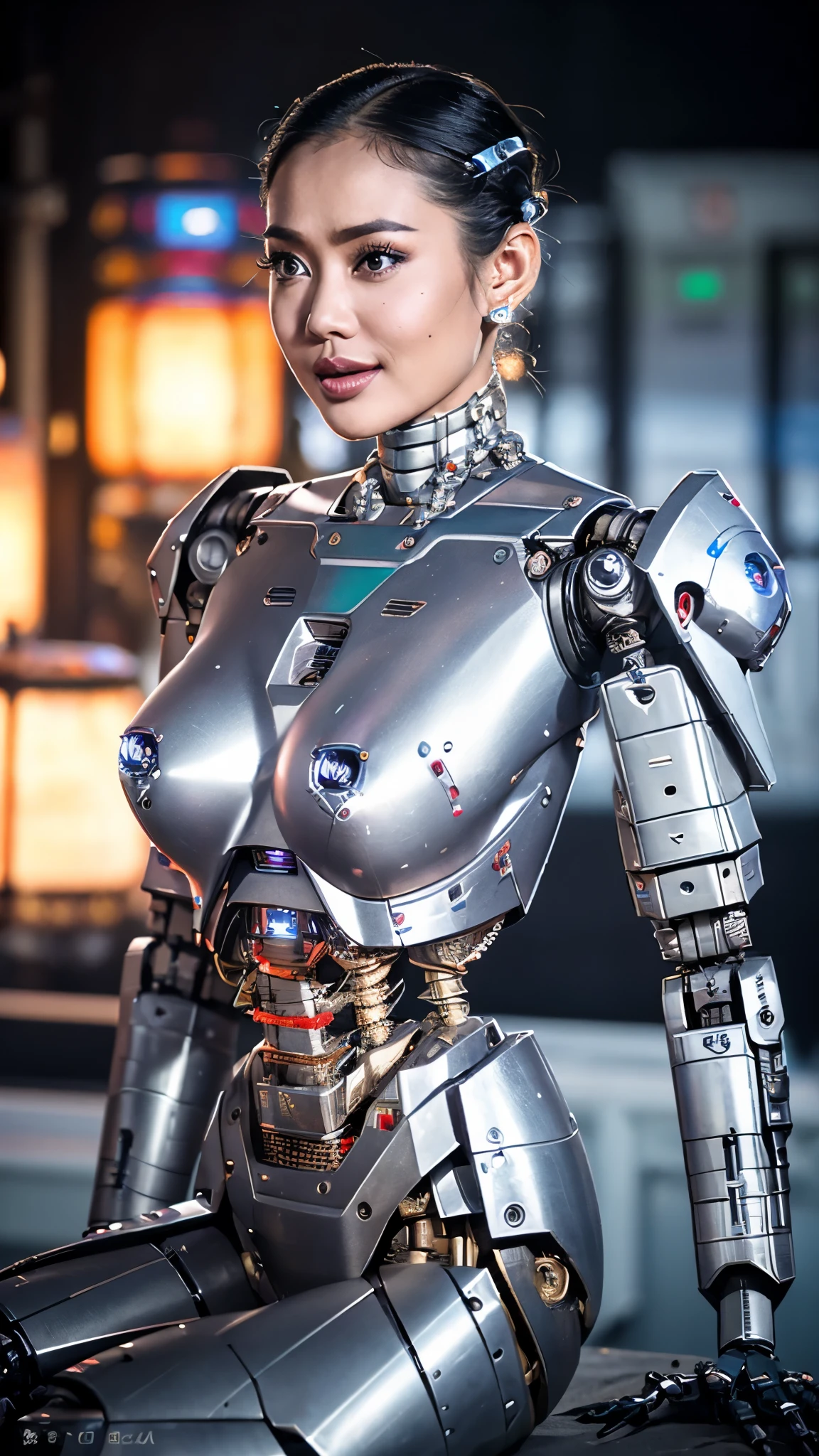 Thaifacemixx,  (Photorealsitic:1.4)、((a beauty girl:1.6)), 1 full-body cyborg girl, Nipple, Tits, sixteen years old、NOhumans、((The skin part is only the face)), Luminous Eyes、((Lots of split metal chest protectors)), Metal Robot、((The whole body is the body of a combat robot))、((Body parts are robot parts:1.8))、((The internal mechanisms of the chest are exposed)), ((Mechanical chest armor with LED indicators and meters)), Robot arms and legs、((Exposed metal skeleton of the abdomen))、Metal skeleton of the cervical region、Under repair、destroyed body、Metal Mechanical Bra、Full Body Metal Skin、Metal bodysuit、Metal scales covering the whole body、body made of metal、Whole body metal、a beauty girl、prosthetic hand、artificial leg、Full body cyborg、Exposed metal skeleton、Asian Beauty、cyberpunked、steampunc、Inside the futuristic space battleship、laboratory、Complex 3d rendering beautiful porcelain profile ultra detailed female type android face、dark brown  hair、glowy skin、((super realistic details))、portlate、globalillumination、Shadow、octan render、metals、Details of complex ornaments、Japan details、highly intricate detail、Realistic light、CGSoation Trends、a purple eye、radiant eyes、Facing the camera、neon details、Mechanical limbs、blood vessels connected to tubes、Mechanical vertebrae attached to the back、mechanical cervical attaching to neck、sitting on、Wires and cables connecting to the head、Gundam、Small LED lamp、​masterpiece、 Metal Robot、body made of metal、Whole body metal、prosthetic hand、artificial leg、Full body cyborg、Exposed metal skeleton、Asian Beauty、cyberpunked、steampunc、Futuristic cities、laboratory、Complex 3d rendering beautiful porcelain profile super detailed female android face、cyborgs、roboticparts、150mm、beautiful studio soft light、Rim Lights、Anatomical、face muscles、cable electric wires、microchips、elegent、beatiful backgrounds、octan render、HR Giger Style、8K、top-quality、​masterpiece、illustratio、extremely delicat