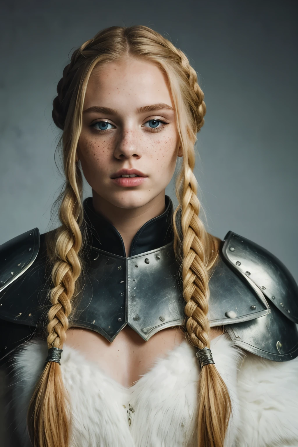 masterpiece, high quality, Freckles, freckles, long hair, yellow blonde hair, blue eyes, 1 girl, Viking, warrior V1k1ng, fur, leather armor, braids, snow, makeup, full body,