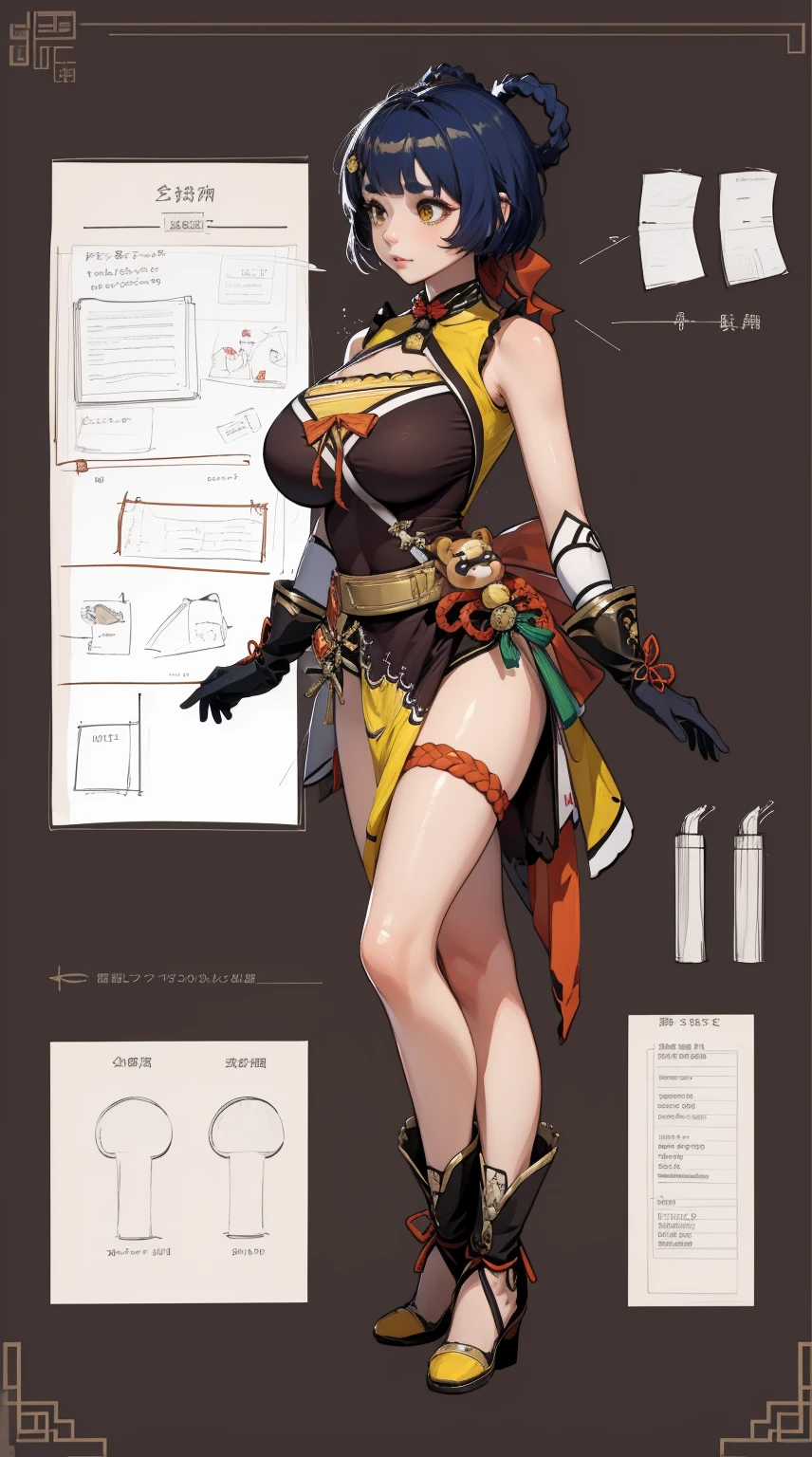 girl, solo, full body, from head to toe, standing, (Huge_Breasts:1.3),

Character Design Sheet, character reference sheet, character turn around,

xiangling \(genshin impact\),

1girl,blue hair,short hair,thick eyebrows,hairclip,hair rings, braid,yellow eyes,bow,glove,chinese clothes, sleeveless,bare shoulders, pelvic curtain,belt,