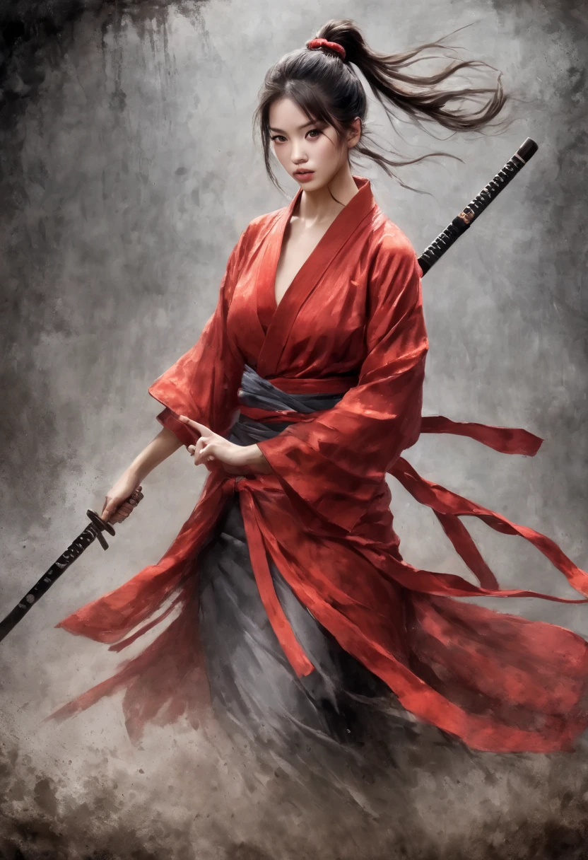 dynamic action shot, a Beautiful Asian woman, she is in red samurai armor mix with a yukata and without weapon, she is tall and grave, with red cords as a ribbon in her hair around a high ponytail and lines around her eyes, realistic, sharp skin, wielding a katana, dynamic pose, wide hips, long legs, charismatic, forgery with a forge and molten metal in the background, strong wind, 