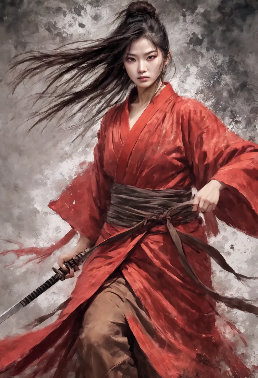 dynamic action shot, a beautiful asian woman, she is in red samurai armor mix with a yukata and without weapon, she is tall and ...