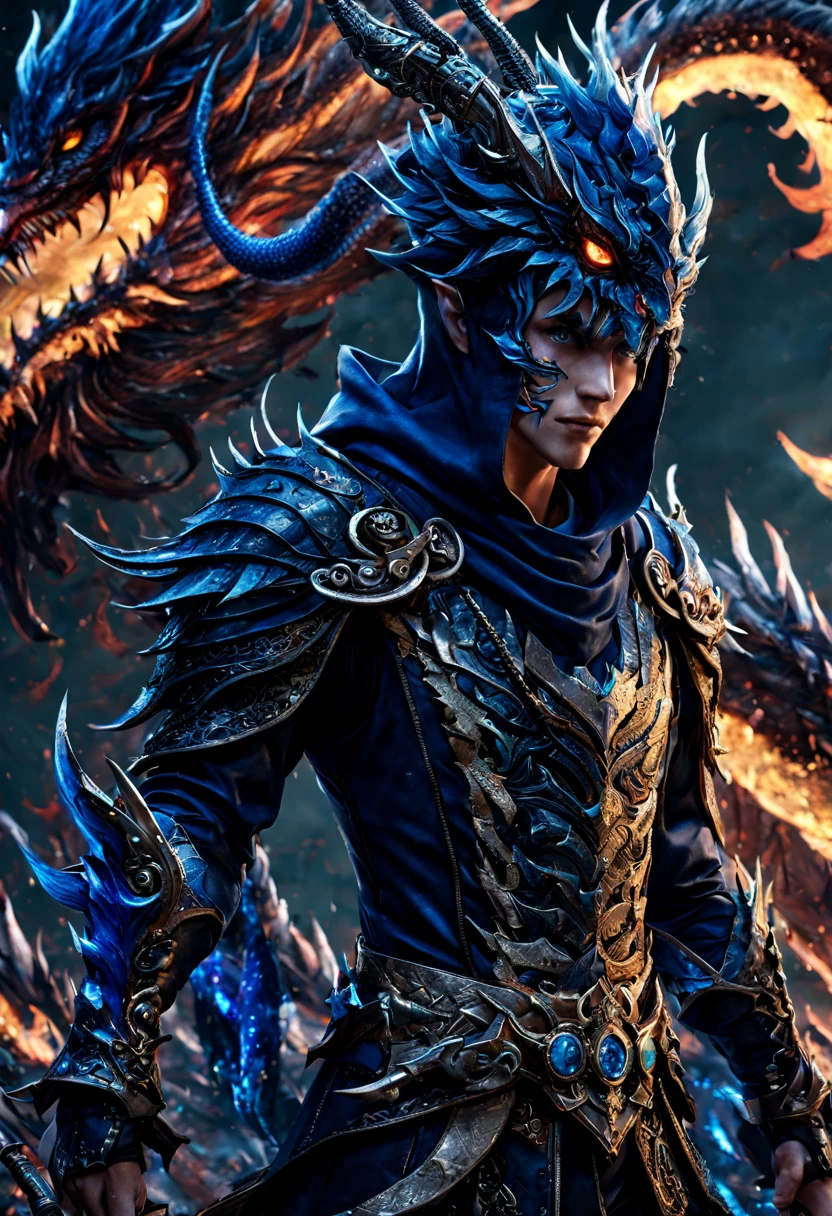 standing near a dragon is a gorgeous anime Half elf rogue male thai model with a black and deep blue hood outfit, highly detailed steampunk, eterochrome blue eyes, scars on the cheek Cyber eyes dark elf fighting a huge elven saddled armored dragon, dark demonic environment, highly detailed, unreal engine 5, battle field standing