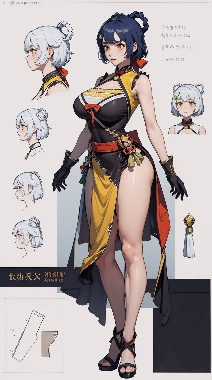 girl, solo, full body, from head to toe, standing, (Huge_Breasts:1.3),

Character Design Sheet, character reference sheet, character turn around,

xiangling \(genshin impact\),

1girl,blue hair,short hair,thick eyebrows,hairclip,hair rings, braid,yellow eyes,bow,glove,chinese clothes, sleeveless,bare shoulders, pelvic curtain,belt,