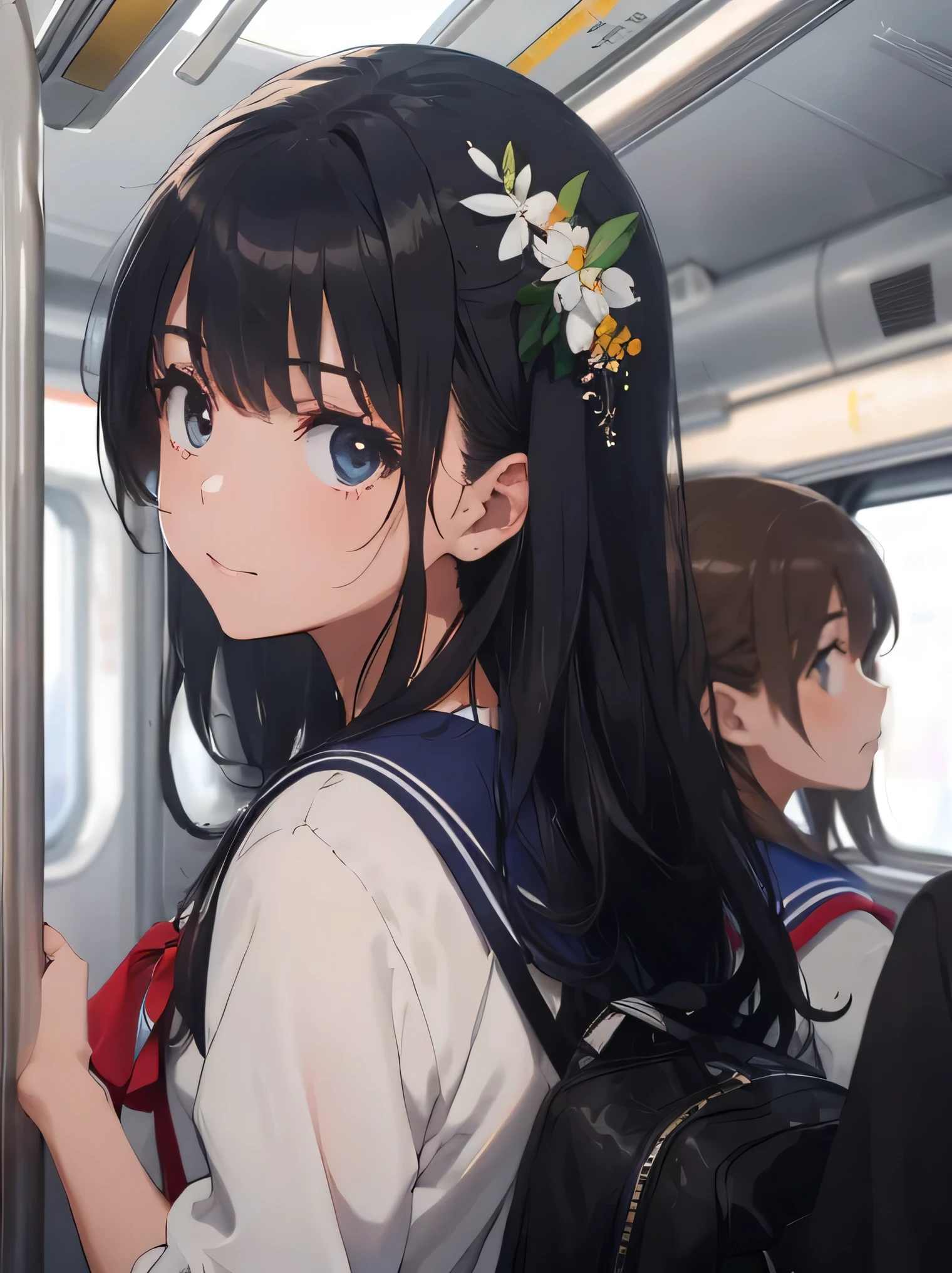 (8K、RAW photo、highest quality、masterpiece:1.2)、detailed background、beautiful and detailed face、sailor suit、sailor color、navy pleated skirt、beautiful and smooth skin、skin texture、professional lighting、Beautiful teenage girl、cute hairstyle、Close-up of the nape from directly behind、in a crowded train