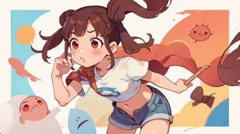 sonoda chiyoko, twintails, double bun, red eyes, denim, shorts, stomach ache