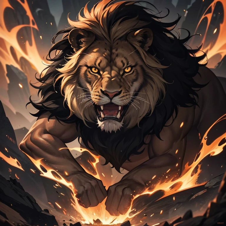 highest quality,4K,8K,High resolution,masterpiece:1.2),Super detailed，Ferocious lion fierce gaze，tooth，nail，cinematic,Powerful muscles,Strong presence,magic effect,shining eyes,mysterious forest,fantasy,strong,leading,Different world，graphic，dark，