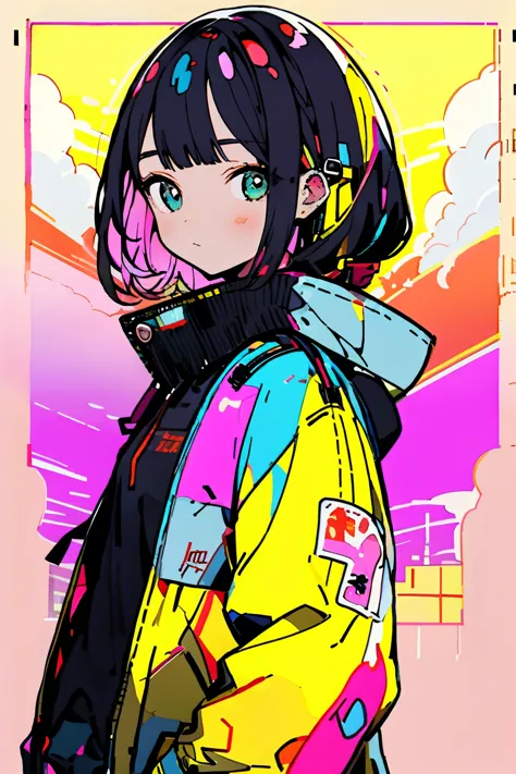 ​masterpiece, top-quality, 1girl in, City Pop, natta, Look at another one, The upper part of the body, vector illustrations, jak...