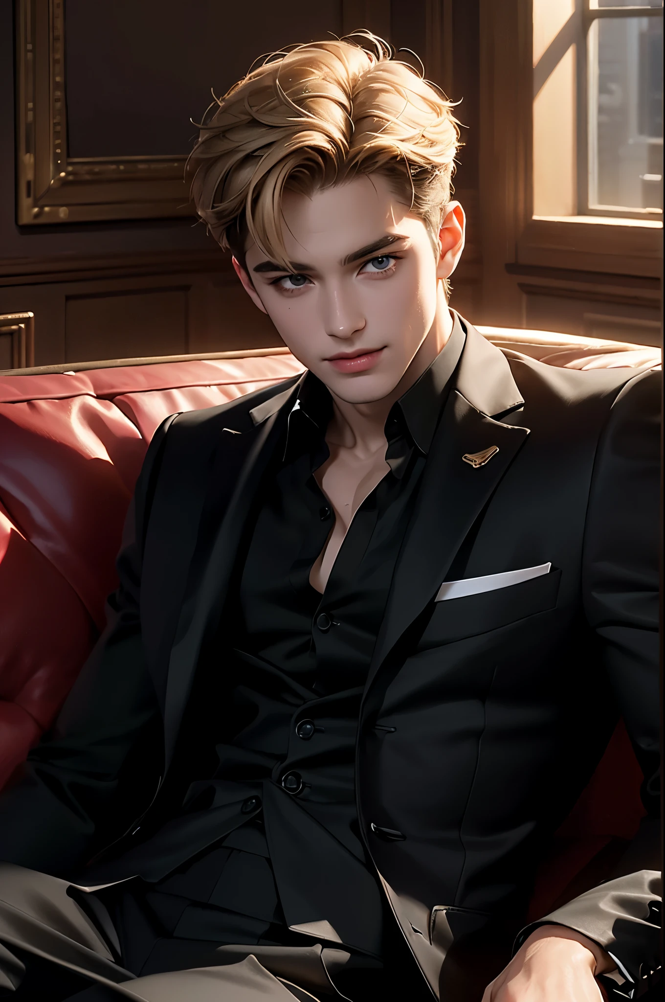 (Best quality, 8K, masterpiece, HDR, soft lighting, perfect image, realistic, vivid), 1boys, Perfect male body, Eyes look at the camera, (with short golden hair, Forehead , Black shirt, Black three-piece suit,Smile,seductive,rich,Sit on the sofa), window,Portrait, color difference, Depth of field, dramatic shadow, Ray tracing, Best quality, Extremely detailed CG, 8K wallpaper,Male model, upper body focus