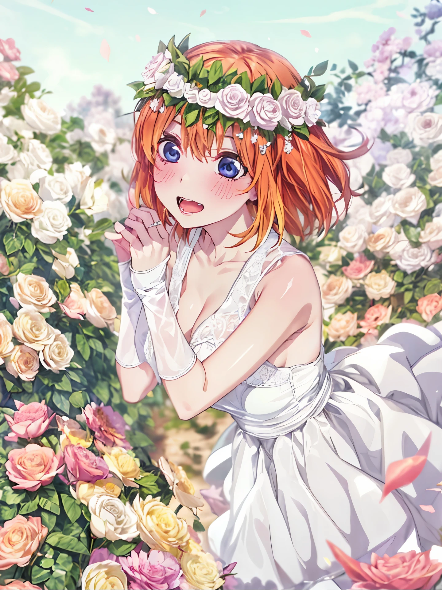 (table top), Sexy、Natural light, realistic, shine a spotlight on a person、dazzling light、diffused glow, Depth of bounds written, Big eyes、professional lighting、green rose tiara、blue eyes、hair is orange、short bob、bride、White Wedding Dresses、Nakano Yotsuba、The background is green roses、dancing green leaves