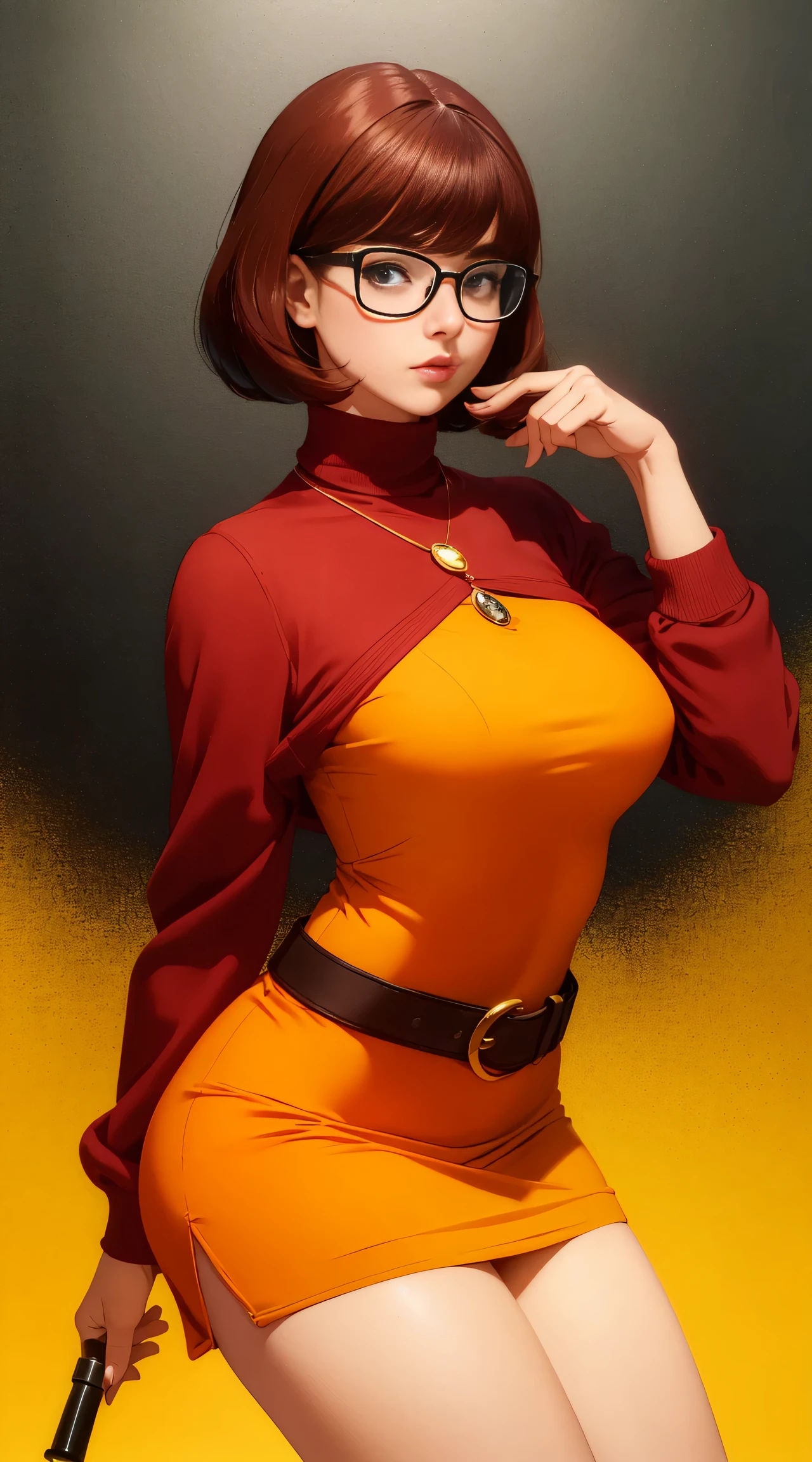 ((masterpiece, best quality, ultra-detailed, ultra-HD, photorealistic, cinematic)), (close-up camera shot:1.2), (sensual pose), (alluring and voluptuous female as Velma Dinkley), perfect anatomy, perfect face, large breasts, proportioned hands, (deep shade of auburn with a slight natural wave hair color, chin-length bob with blunt bangs hairstyle:1.3), (retro-chic style outfit, knee-length and maroon turtleneck dress), (a matching maroon belt that cinches at her waist:1.2), (thick-framed black square glasses), (wears knee-high, mustard-yellow socks that peek out just above her brown, sensible lace-up shoes), (sports a delicate, gold pendant necklace with a small magnifying glass charm), (vibrant orange cardigan slung over her shoulders), ((dynamic background))