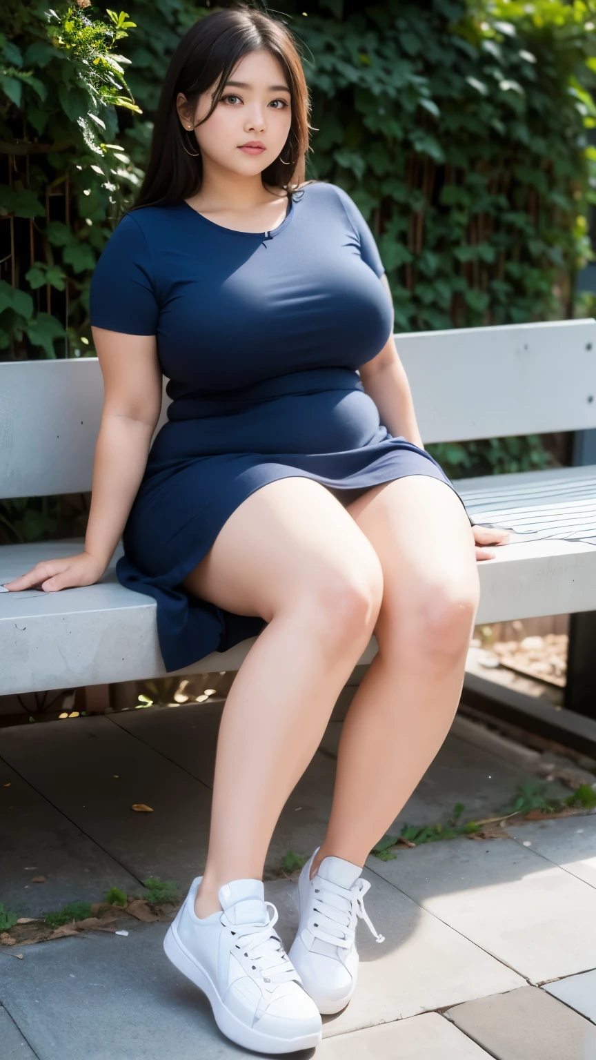 ((best quality)), ((masterpiece)), (detailed), perfect face, wanita chubby dewasa, wearing thight dress and thight skirt, chubby cheeks, chubby arm, chubby thighs, big breasts, wearing a sneakers, medium hair style, full body photoshoot, tattooed body