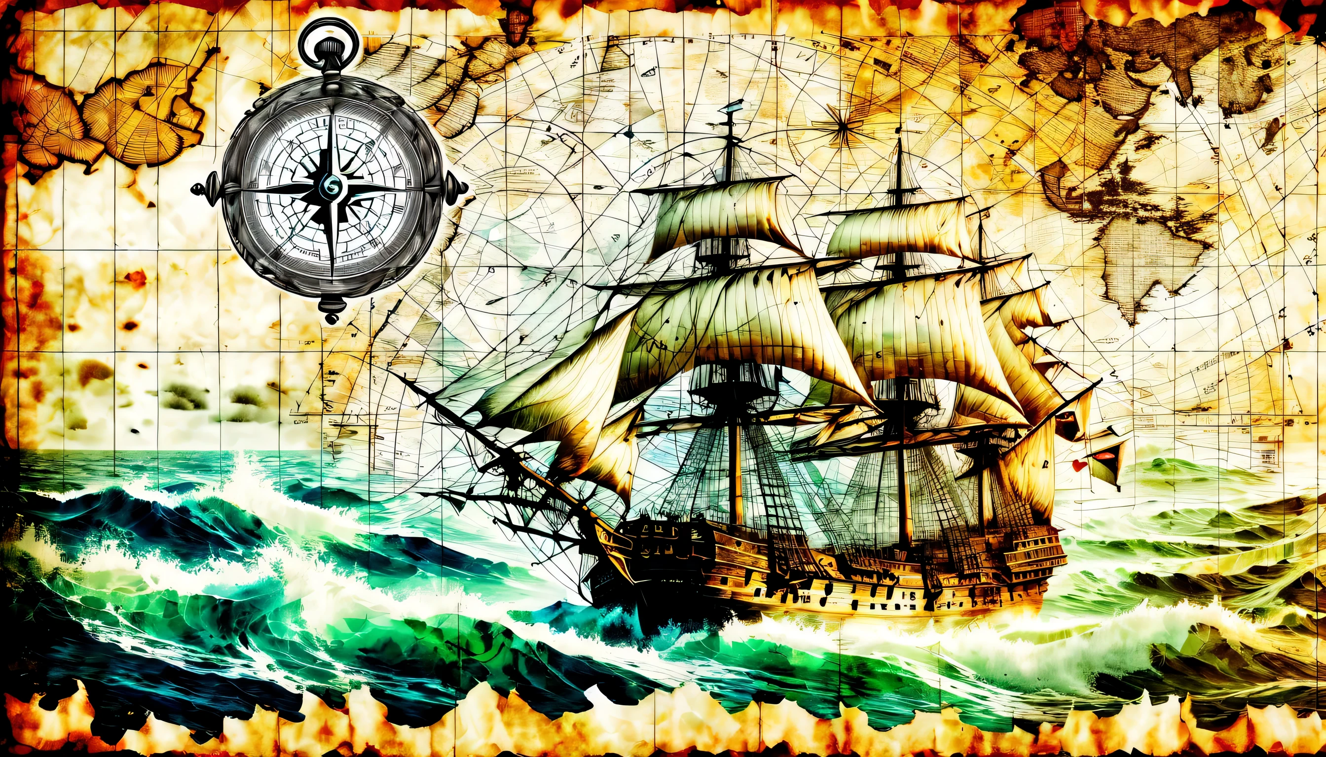 A close up of a ship on a map with a compass - SeaArt AI