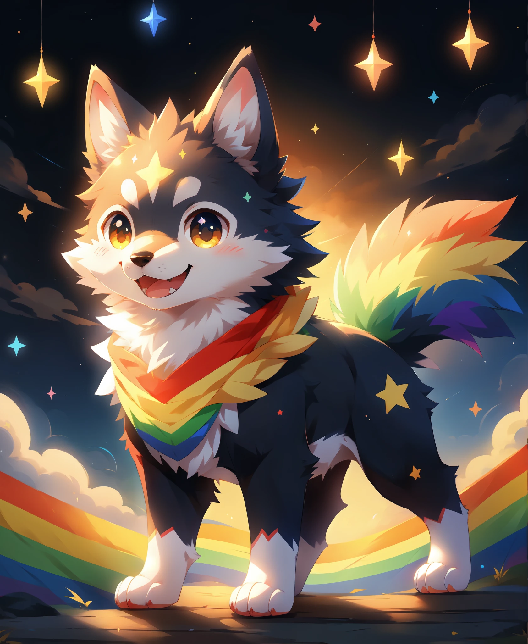hi res, kemono, kawaii style, furry, solo, male, wolf , feral, quadruped, cute, adorable, brightly colored, cheerful, anime influence, highly detailed, star, rainbow